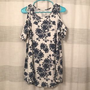 Cold shoulder white top with blue flowers